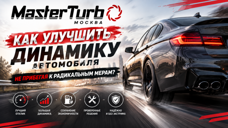 Баннер MasterTurbo «Как улучшить динамику автомобиля» со спортивным седаном